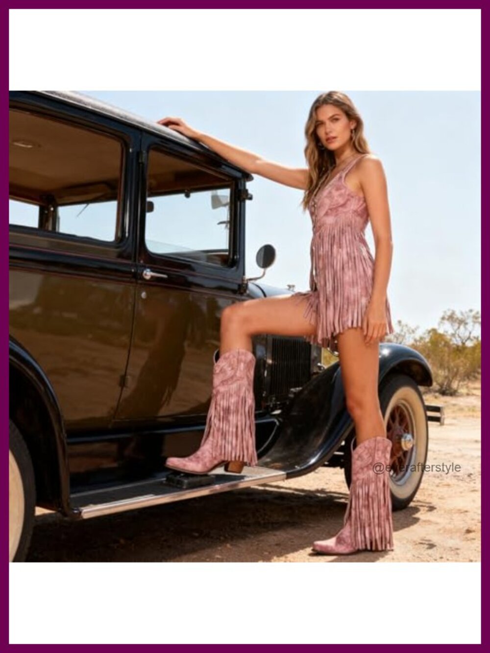 Fringe Denim Cowgirl Boots Pointed Toe Mid Calf Chunky Stacked Heel Western - Picture 2 of 6